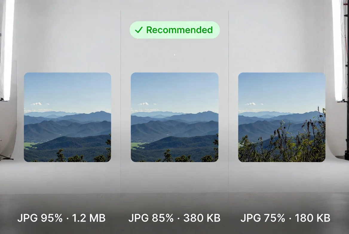 Visual comparison of the same photograph exported to JPG at 95%, 85% and 75% quality, showing the balance between file size and visual quality